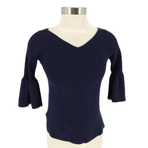 Draper James Sweater Navy Blue Bell 3/4 Sleeve V Neck Knit Pullover Top Shirt